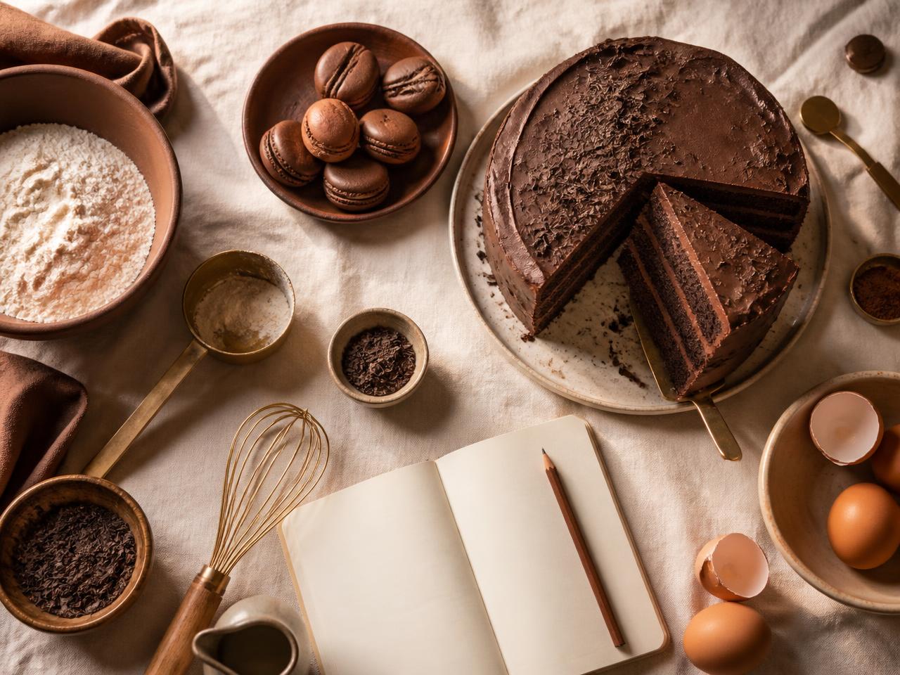 Mesada de repostería con torta de chocolate, harina y huevos